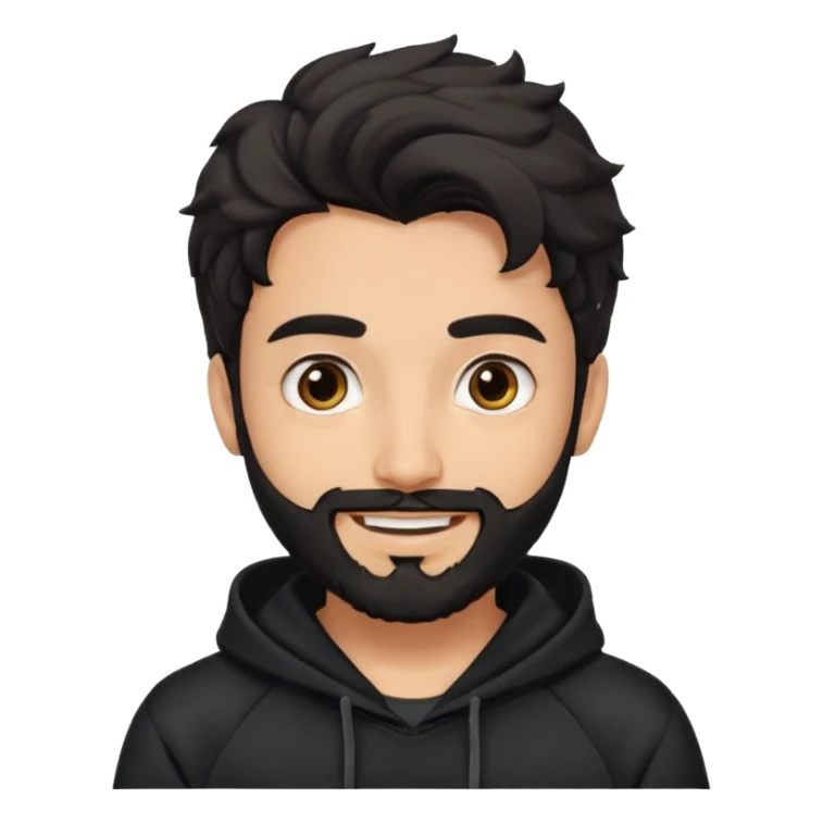 young fair skin pakistani guy smiling with black beard, wavy hair pushed back and brown eyes and thick eyebrows wearing black hoodie sticker