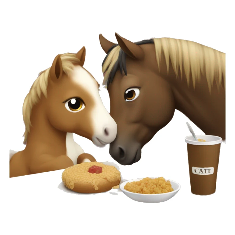 Little brown pony eating with a cat sticker