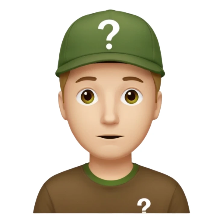 white fat man with brown cap and green t shirt printeed a question mark sticker