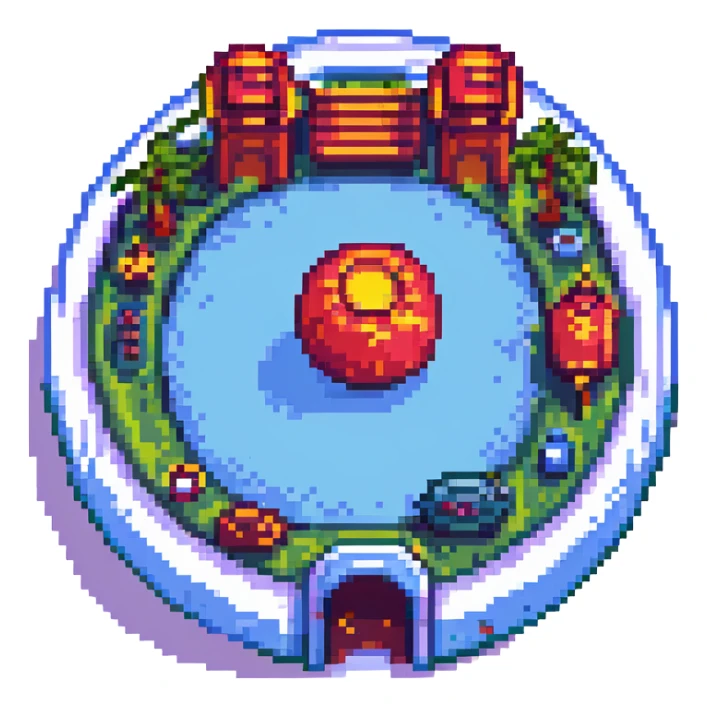 China Town planet with circular border, pixel art, vibrant colors sticker