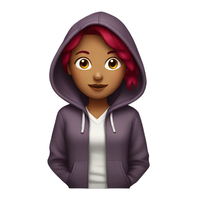 girl with burgundy hair with a hoodie sticker