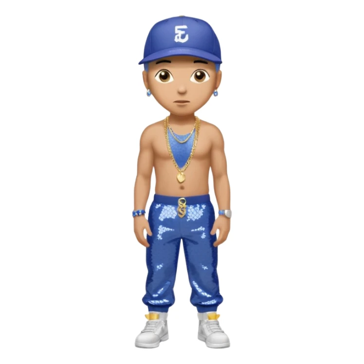 Eminem with periwinkle sequin baggy pants, shirtless with necklace sticker