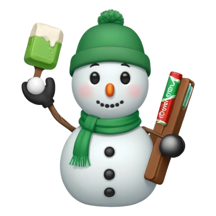 snowman wearing green cap with chaco bar sticker