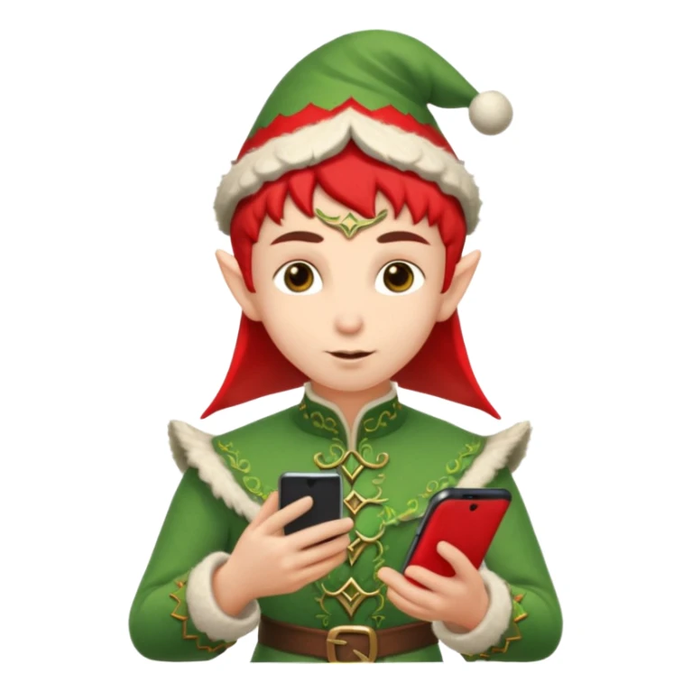 elf with russia custome dress and smartphone, red sticker