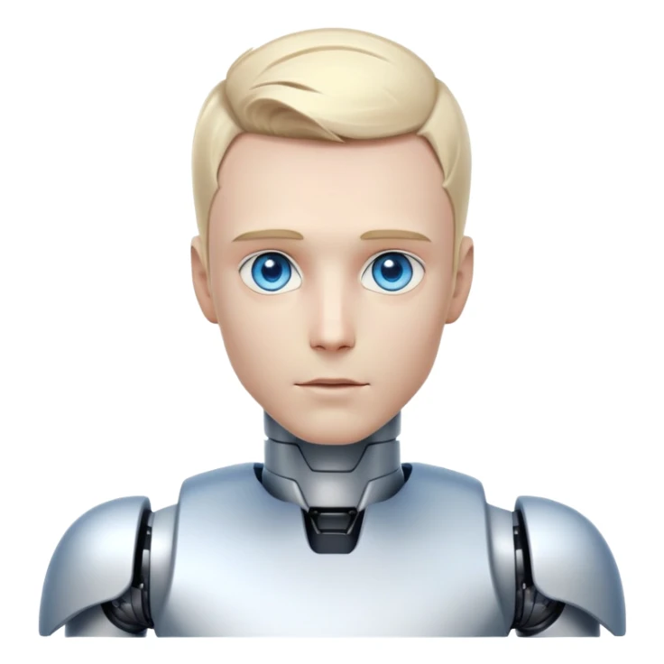 Male humanoid robot with short blond hair, metallic face, digital eyes, sharp jawline, futuristic sticker