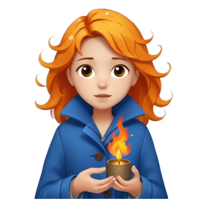 A barefoot girl in a tattered blue coat, cupping a tiny flame gently while snowflakes fall on her hair.
 sticker