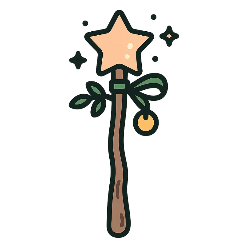 A cute and magical wand with an elegant, whimsical design, incorporating a color palette of golden orange (FA9B41), forest green (4A7C5C), soft taupe brown (96775A), and pastel peach (FFCC9A). The wand is slender and slightly curved, made of smooth wood with delicate carvings. At the top, there's a glowing gem or star in peachy tones, surrounded by tiny sparkles. Decorative elements like a ribbon, tiny leaves, or a small charm add a cozy, storybook-like charm. The overall look is gentle, enchanting, and magical, perfect for a forest fairy or a kindhearted young wizard sticker