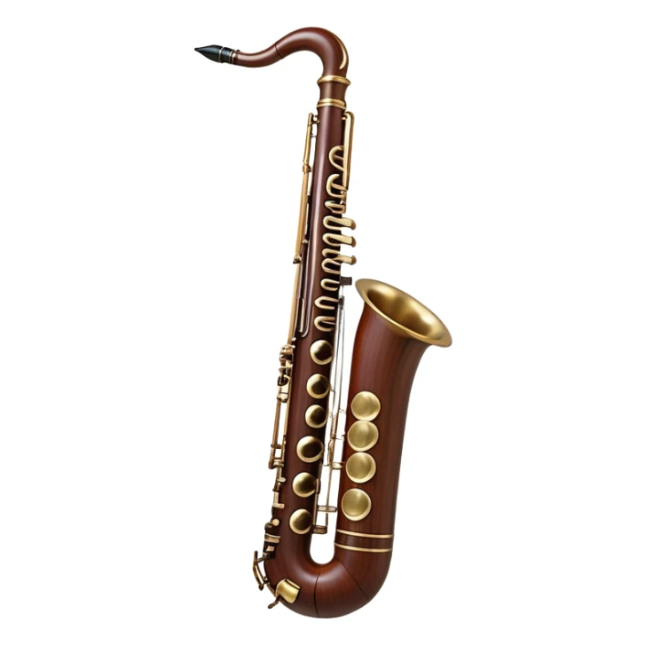 Create a detailed and elegant emoji representing a bassoon. The design should showcase the long, slender wooden body of the bassoon with its distinct curves and metal fittings. Highlight the keywork and metal rings around the joints, with subtle light reflections on the wood to give it a polished appearance. The top of the bassoon should have the characteristic metal bell, and the reed should be clearly visible at the mouthpiece. Use warm wood tones like deep brown and mahogany for the body, with silver or brass accents for the metal parts. Add soft musical notes or soundwaves around the instrument to evoke its rich, deep sound. The background should be transparent. sticker