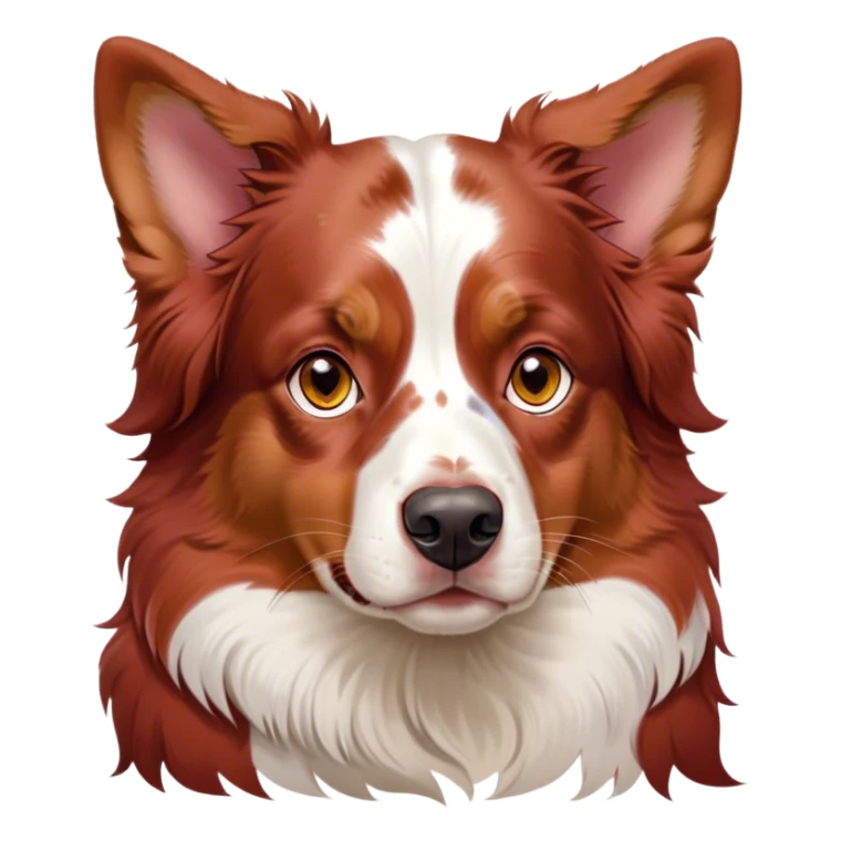 Cinematic Noble Red Merle Australian Shepherd Portrait Emoji, Poised and regal, with a strong, agile build and a stunning red merle coat accented by subtle splashes of darker red and white, piercing amber eyes, Simplified yet sharp and sophisticated features, highly detailed, glowing with a soft, dignified glow, high shine, intelligent and loyal, stylized with an air of strength, focused and attentive, soft glowing outline, capturing the essence of a watchful and confident herder, so majestic it feels as though it could step out of the screen with effortless authority! sticker