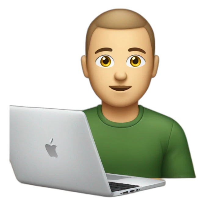 software engineer (white male, brown buzz cut hair, white gold earrings) in front of laptop, apple-style sticker