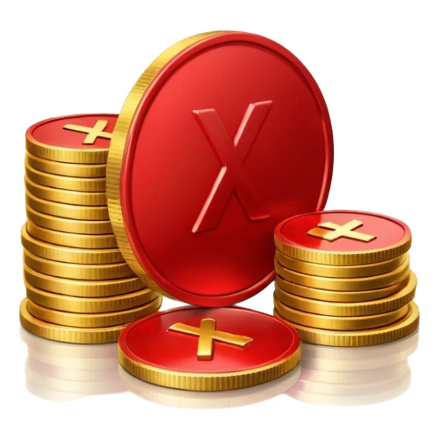 Apple emoji style, glossy 3D icon a red prohibition symbol (🚫) over a stack of shiny golden coins. The coins have soft reflections, rounded edges, and a small red X embossed on the top coin sticker
