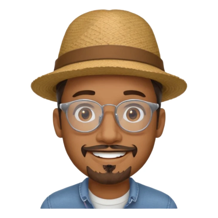 Brown man smiling no teeth showing with hat, clear glasses and goatee sticker