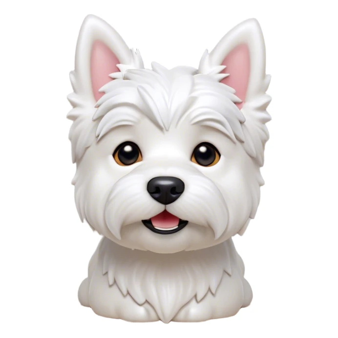 Cinematic Cute West Highland White Terrier Portrait Emoji, Head tilted playfully and inquisitively, featuring a fluffy, immaculate white coat with perky ears, round, sparkling dark eyes filled with curiosity, Simplified yet irresistibly adorable features, highly detailed, glowing with a warm, friendly glow, high shine, affectionate and lively, stylized with a touch of whimsy, bright and endearing, soft glowing outline, capturing the essence of a mischievous yet loving pup, so playful it feels like it could bound out of the screen and into your arms! sticker