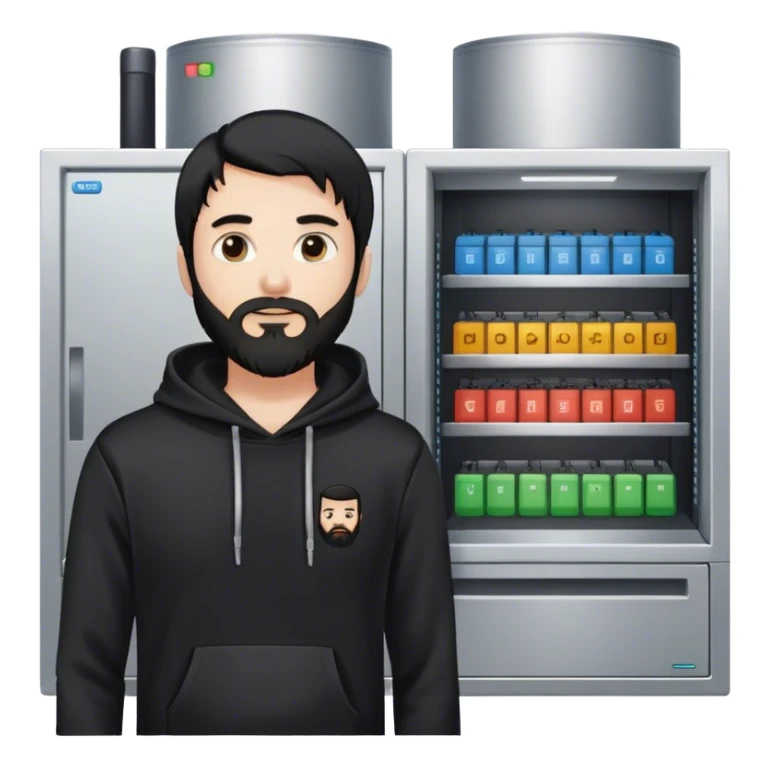hackeur blanc cheveux noir barbe et capuche noir à côté d'un server sticker