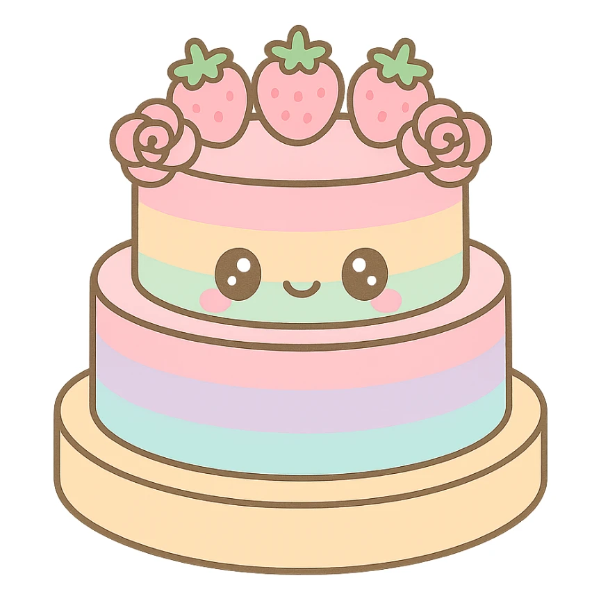 pastel rainbow wedding cake with strawberries, pink roses, no topper, kawaii style sticker