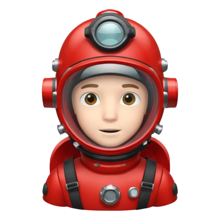 a boy  wearing a red scuba diving helmet with glass visor sticker