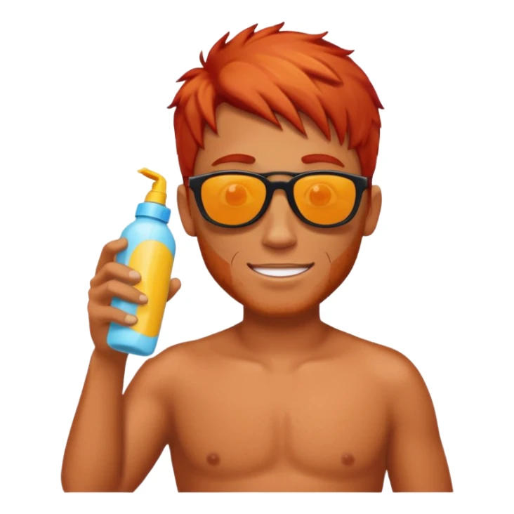 male red haired with suncream bottle and sunglasses, with sun burned sticker