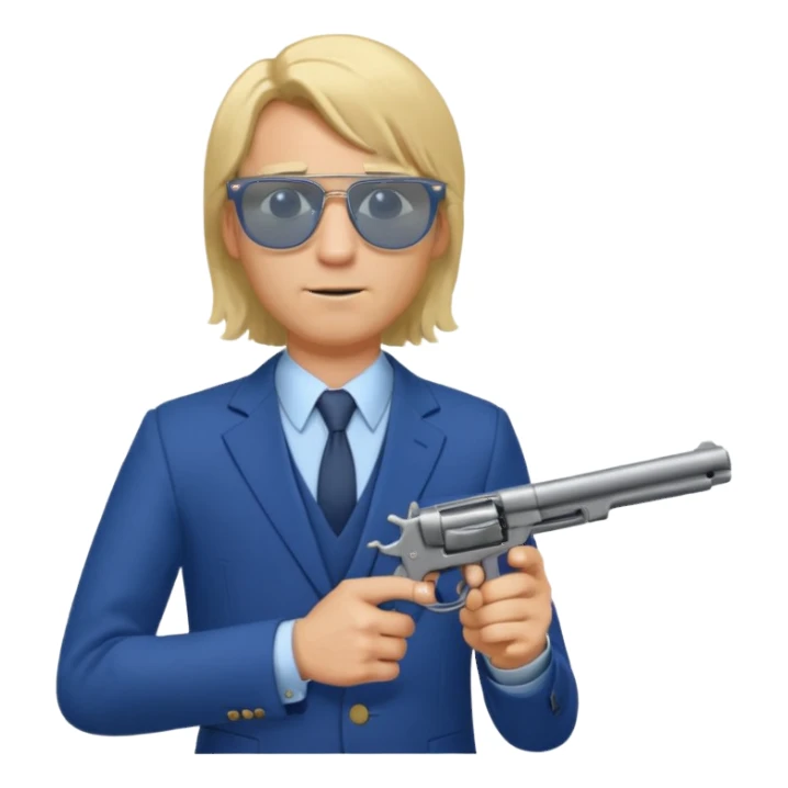 A blond man in a blue suit with a Colt pointing forward. The audience , and long hair and Rayban glasses sticker