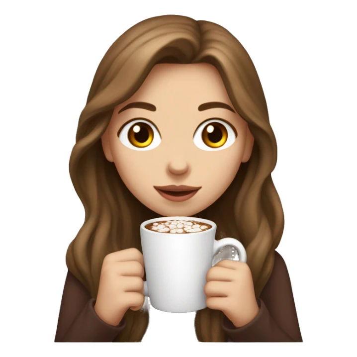 white girl with brown long hair and a hot chocolate sticker