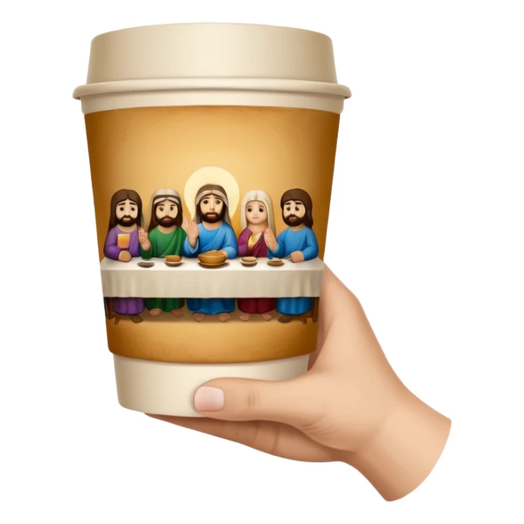 una mano con un bicchiere di carta con dipinto sopra l'ultima cena sticker