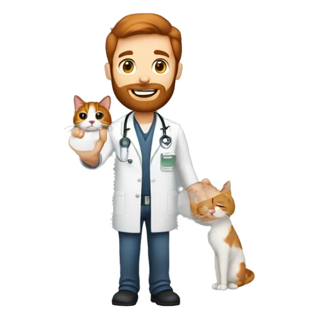 Veterinarian, man around 30-35, with redhead cat on his hand. Man with beard, dark brown hair sticker