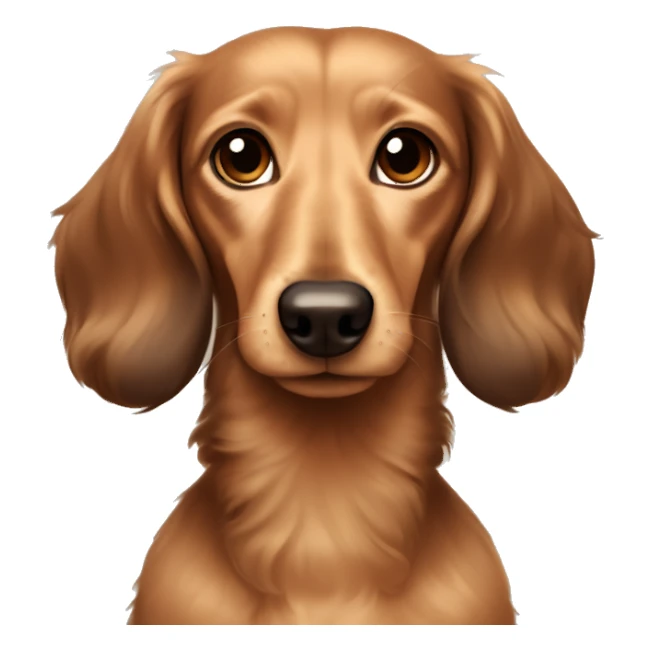 Light sandy brown long haired dachshund with dark brown ears and no fur on the ears more curly hair and very dark brown ears and a collar that says Andy sticker