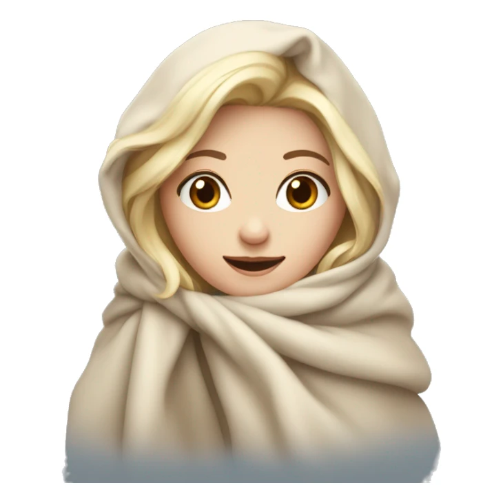 White blonde girl bundled up with beige blanket around her sticker
