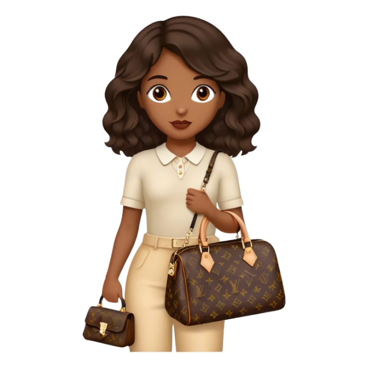  Brown girl with dark brown medium beach wavy hair carrying one Louis Vuitton purse on her arm while standing  sticker