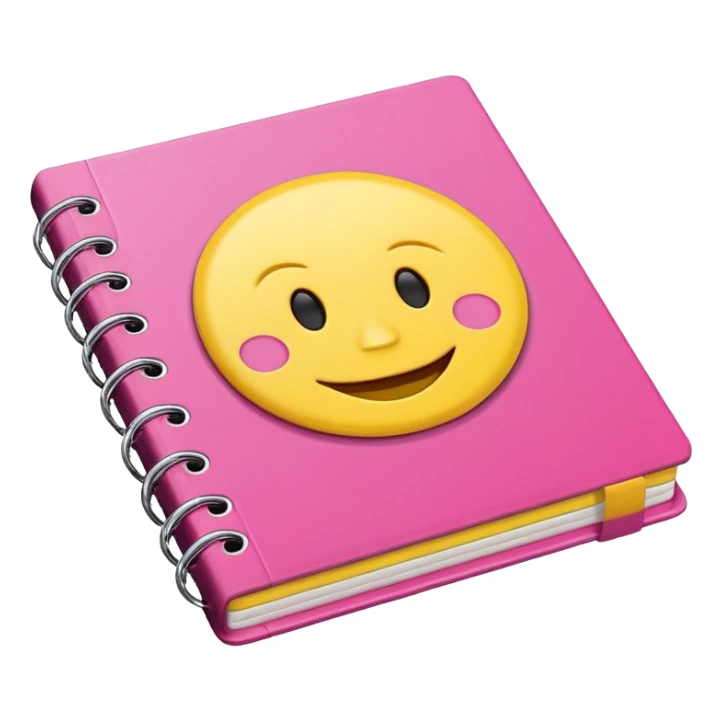 libreta de anillos rosada en perspectiva isometrica con sticker de carita feliz amarilla, con aspecto de emoji de apple sticker