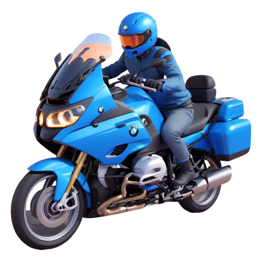 blue BMW RT1200 touring motorcycle with rider on open road sticker