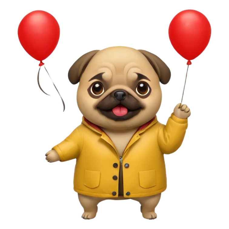 a pug in a yellow raincoat and a red balloon behind him sticker