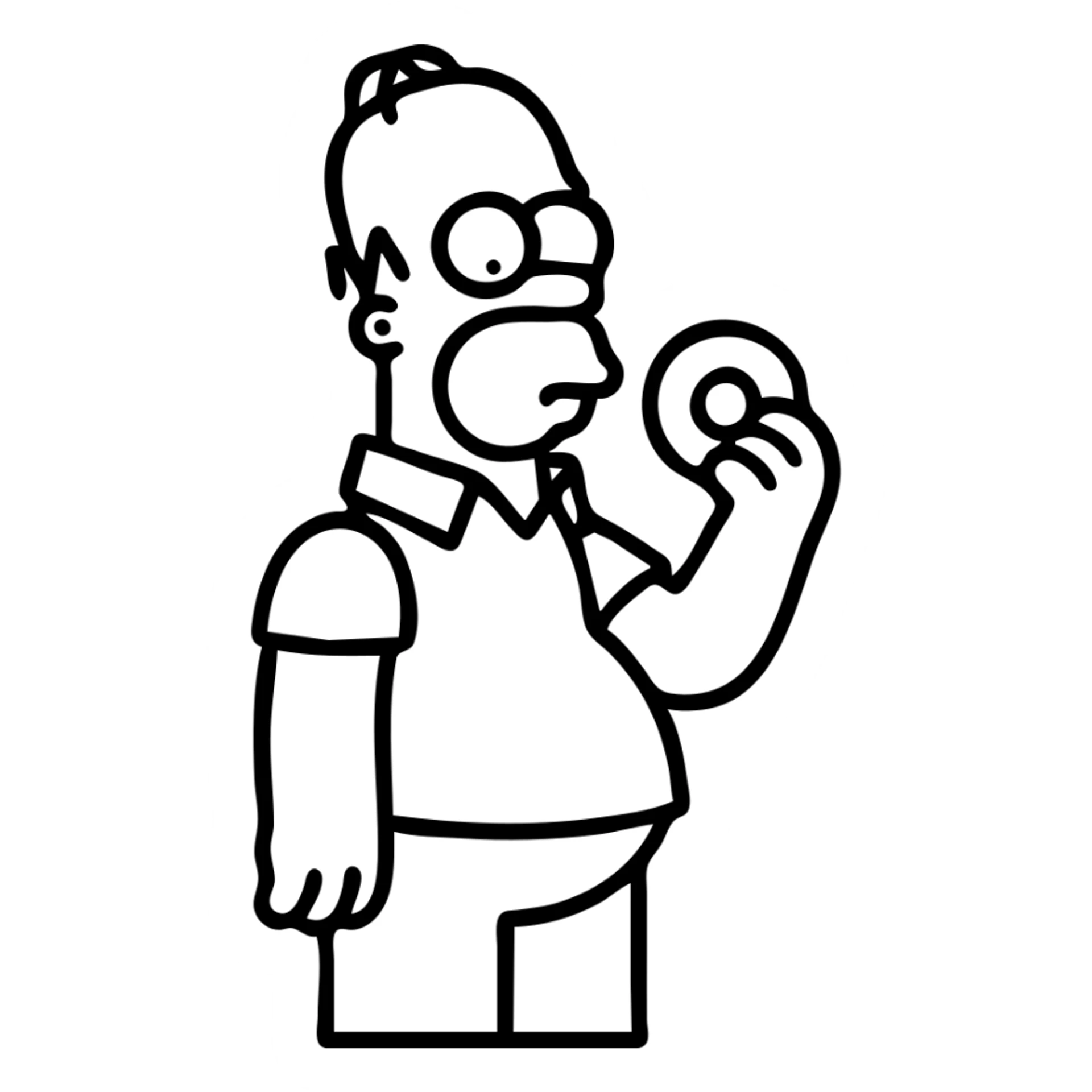 Homer Simpson outlined icon style, yellow skin, bald, white shirt, blue pants, eating a donut sticker