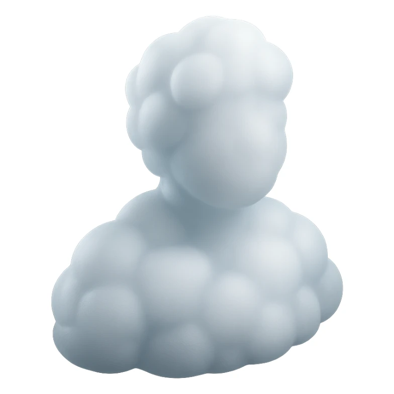 person made entirely of white fluffy convex clouds, shoulder up, front view, matte glass style sticker
