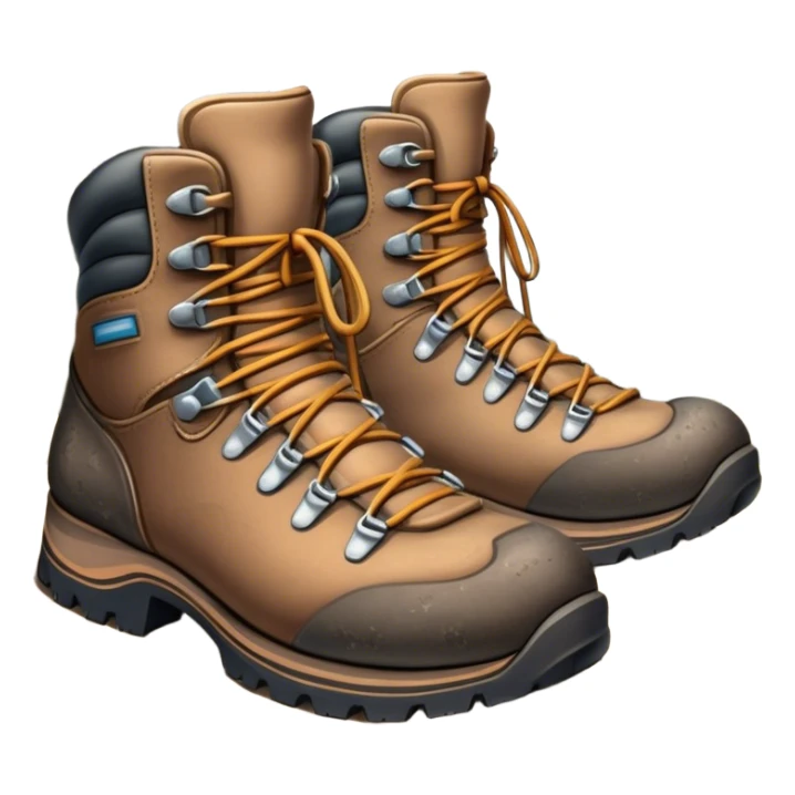 Cinematic Realistic Hiking Boots, well-worn leather boots resting on a rocky trail, scuffed edges and dirt-speckled laces adding character, glowing softly under the dappled sunlight filtering through the trees. sticker