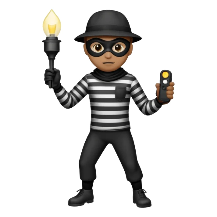 thief emoji tiptoeing with a flashlight, classic cartoon burglar look sticker