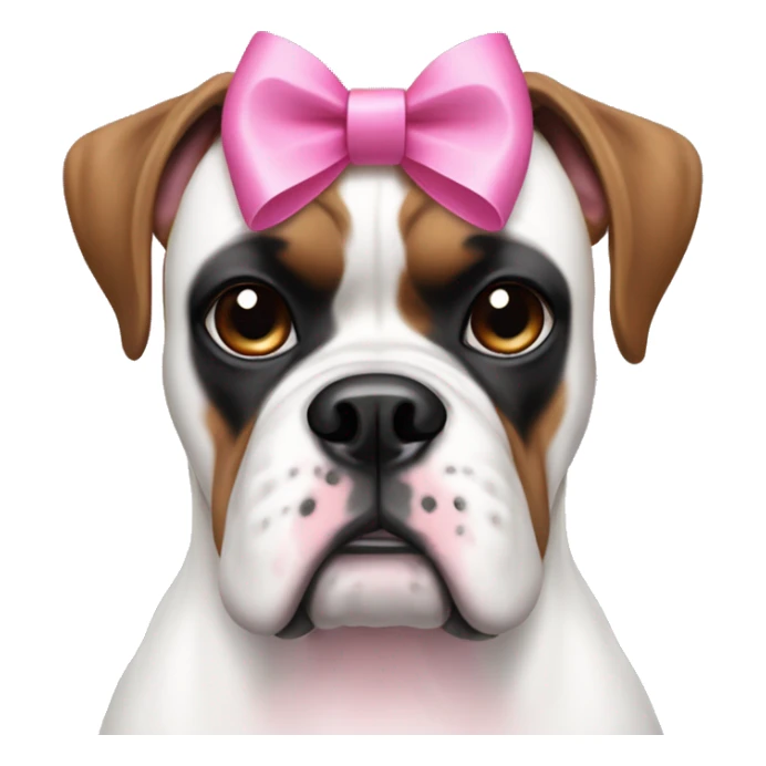 white boxer dog face with some black and pink features, with a pink bow on her head that has long ribbons sticker