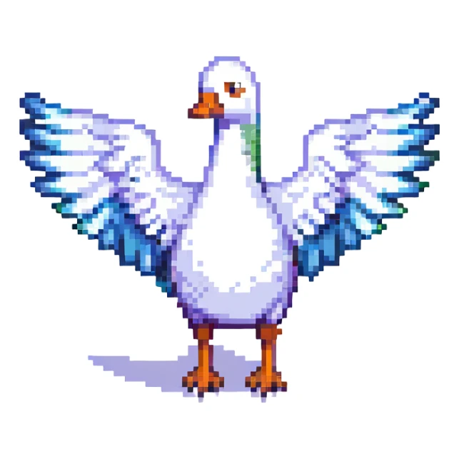 a goose with wings spread in pixel art style sticker