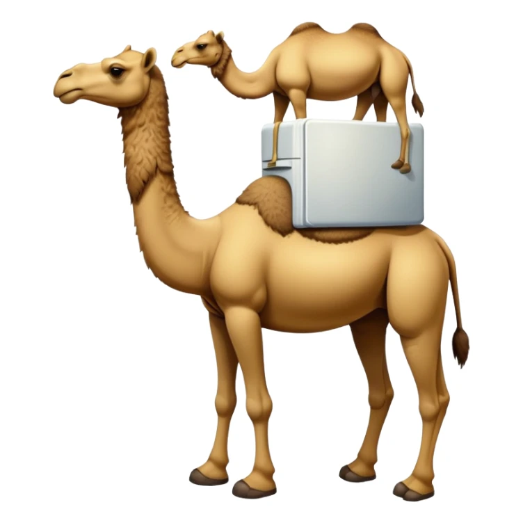An appliance hybrid with a refrigerator body, a long-necked camel head emerging from the top, and four camel legs with hooves wearing yellow-brown Timberland boots sticker