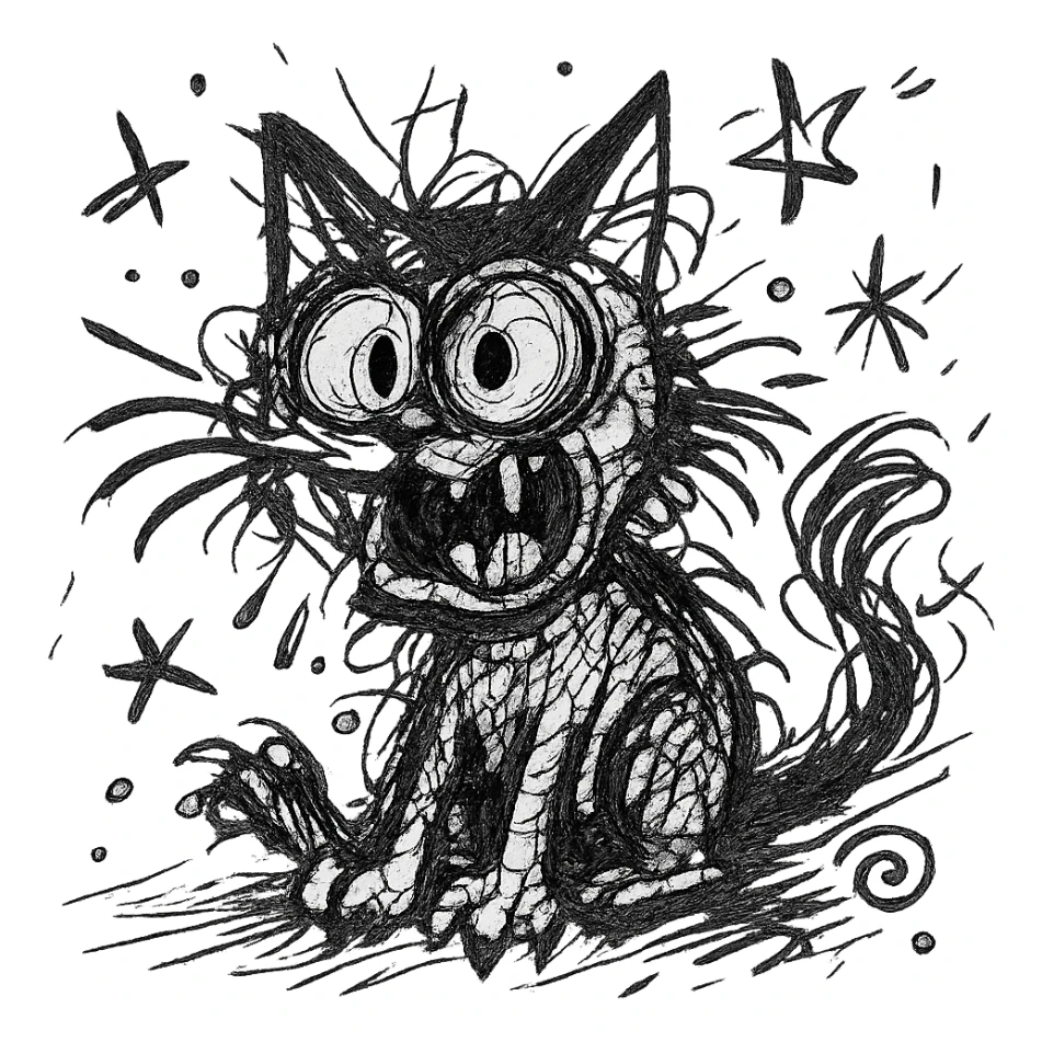 chaotic hand-drawn black outline icon of a cat with wild, exaggerated features sticker
