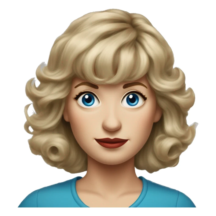 Medium length Dirty blonde poofy hair with bangs all across forehead and sides swept away from face woman of 60 with blue eyes  sticker