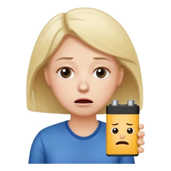 A kindergardenteacher with an empty battery icon above their head an exhausted and stressed face sticker