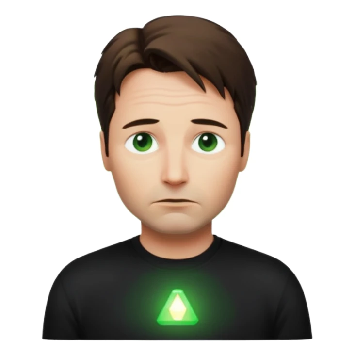 Mulder from the x-files looking very very worried (not trusting anyone today) while wearing a dark t-shirt with no markings. A green beam of light from a UFO illuminates him sticker