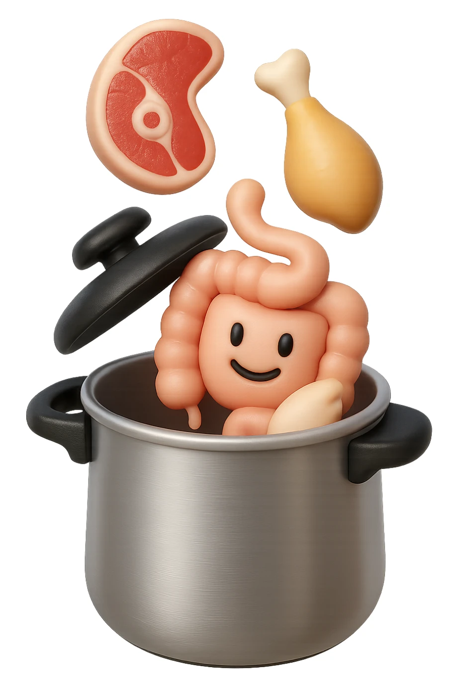 emoji stile iphone in 3d di una pentola a pressione dentro cui cadono agnello, pollo, tacchino crudi e un intestino umano felice da cuocere, iperrealistico 4k sticker