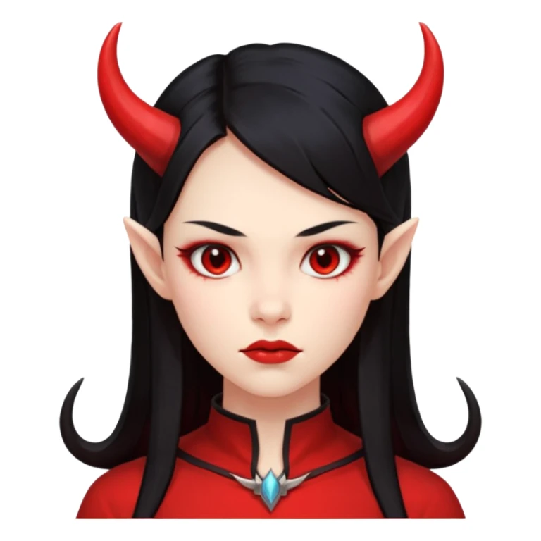 Head only demon girl; face with pronounced cheekbones and angular jaw; skin is uniform pure red (#FF0000) everywhere; long straight smooth black hair; small horns sticker