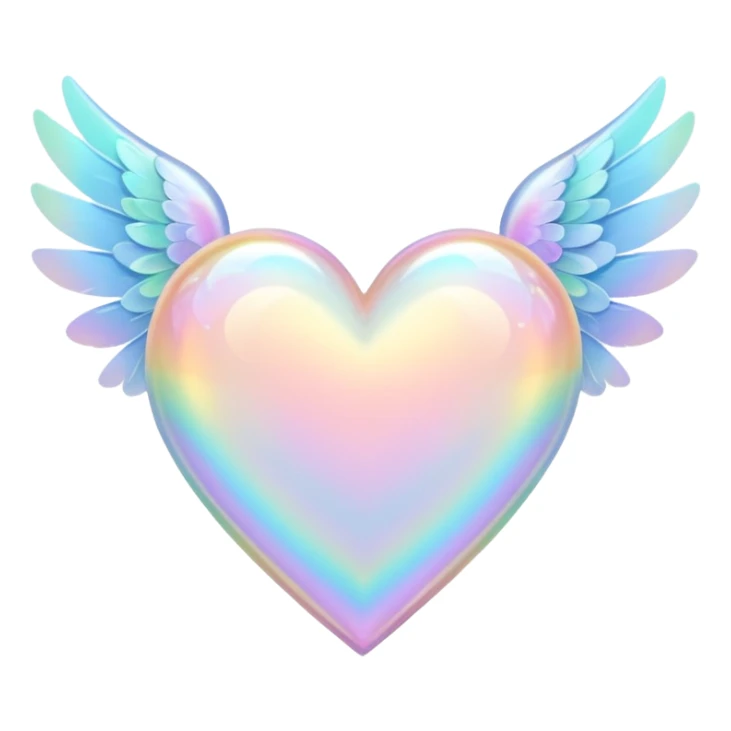 pale pastel holographic heart with delicate wings, gentle rainbow reflection sticker