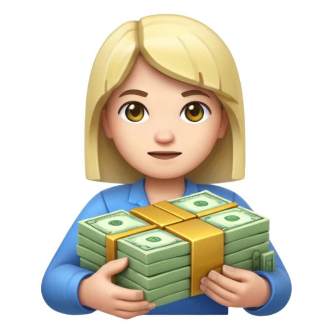 emoji style icon, minecraft blocky character holding a stack of money, pixel art style, bright colors, simple background, 3D glossy emoji, centered composition, soft shadow, high detail, clean outline, white background sticker