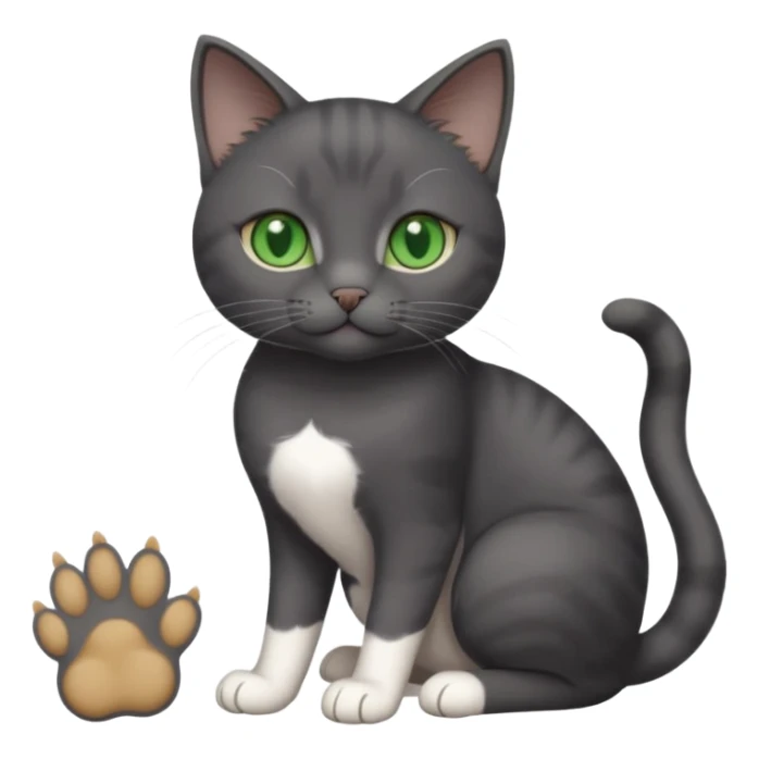 beautiful female solid dark grey cat with green eyes, white toes/paws and white patch on her chest playing sticker