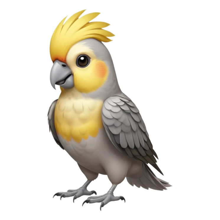 cinematic-[cockatiel]-realistic-full-body-sitting-emoji,-head-tilted-dramatically,-grey and yellow feathers,-simplified-yet-realistic-focused-features,-highly-detailed,-glowing-with-an-almost-sarcastic-glow sticker