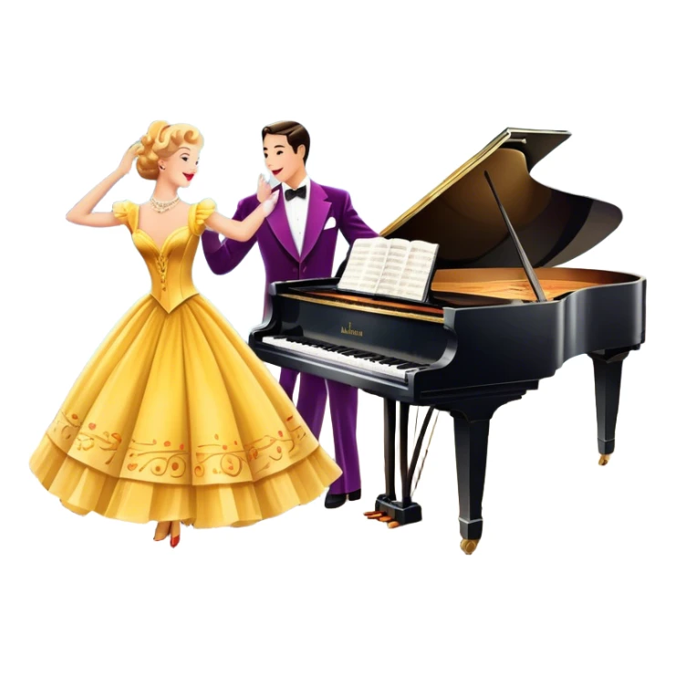 A vintage movie poster-style design featuring musical notes, a shining spotlight, and performers in glamorous costumes. Include elements like a dancing couple, a grand piano, and colorful stage lights. Retro cinematic flair with a lively and joyful atmosphere. Transparent background. sticker