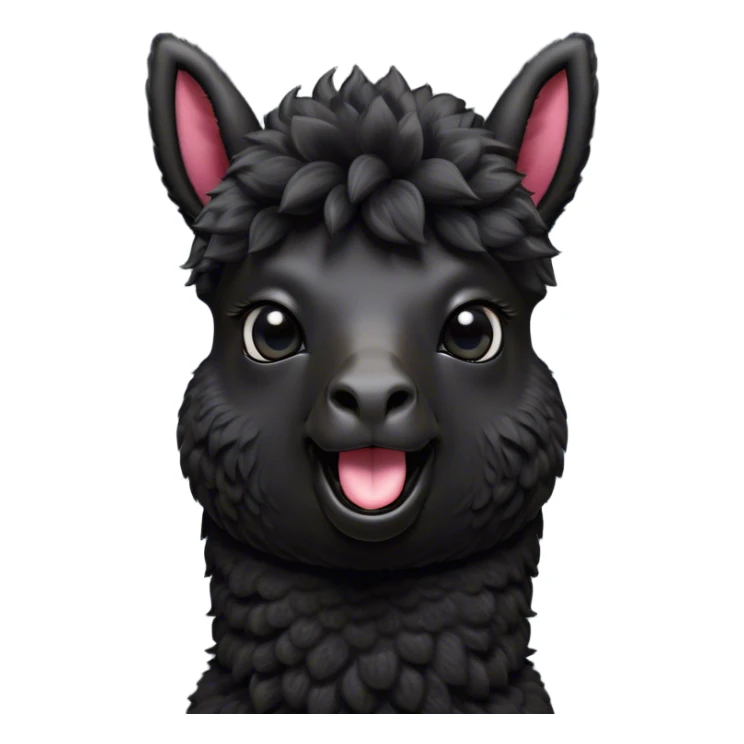 Cinematic Comical Black Alpaca Portrait Emoji, Head tilted dramatically with an exaggeratedly amused expression, featuring a striking jet-black fleece with playful texture, wide, expressive dark eyes filled with playful disbelief, Simplified yet hilariously expressive features, highly detailed, glowing with a slightly sassy glow, high shine, dramatic yet playful, stylized with an air of cheeky mischief, bright and endearing, soft glowing outline, capturing the essence of a spirited and over-the-top alpaca, so meme-worthy it feels like it could side-eye its way into internet fame instantly! sticker